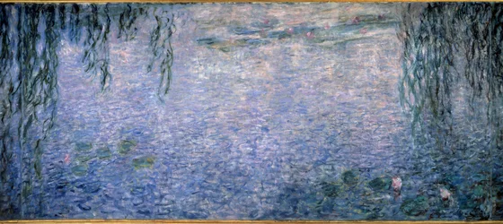 Lekníny, jasné ráno s vrbami. Střední část triptychu. Malba Clauda Moneta (1840-1926), 1914-1926. Rozměry 2 x 4,25 m. Paříž, Musée de l