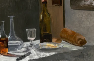 Zátiší s lahví, karafou, chlebem a vínem. Kolem 1862/63