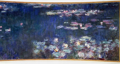Nymfey, zelené odlesky Diptych vpravo. Obraz Clauda Moneta (1840-1926) 1914-1926 Rozm. 2 x 4,25 m. Paříž. Muzeum oranžérie