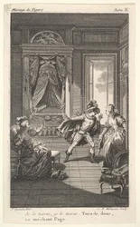 Muž se naklání k ženě stojící ve dveřích vpravo, vlevo sedící žena rais..., ca. 1784.