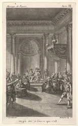 Muž sedící v křesle na stupňovité plošině drží obecenstvo, dva ukazující muži stojí..., ca. 1784.