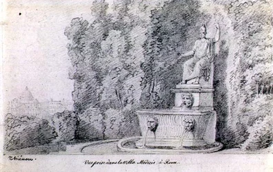 Pohled na fontánu v zahradě Villa Medici, Řím, c.1815-20 (tužka na papíře)