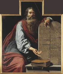 Mojžíš a deset přikázání - Mojžíš s deseti přikázáními, Vignon, Claude (1593-1670). Olej na plátně. Rozměr: 160 x 131,5 cm. Národní muzeum Stockholm