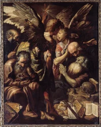 Smrt svatého Antonína (Svatý Antonín Veliký, 250/51-356) (nebo Svatý Antonín Poustevník nebo Svatý Antonín Abbé). Obraz (Vanite) od Clauda Vignona (1593-1670)