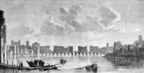 Starý londýnský most zničený velkým požárem v roce 1666. Rytina z obrazu Clauda de Jongha (1650) v muzeu South Kensington