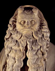 Vlámské gotické umění: prorok Mojžíš. detail podstavce s vyobrazením Daniela, Zachariáše, Izajáše, Mojžíše, Jeremiáše a Davida od Clause Slutera (1350-1406) známého jako Mojžíšovy Puity (nebo Studna proroků)