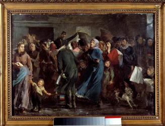 Fronta před řeznictvím. Hladoví obyvatelé Paříže čekají během války proti Prusku v letech 1870 - 1871 před řeznictvím, až na ně přijde řada.
