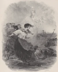 Žena u moře s Madonou, ukazující na loď, ca. 1848-62.