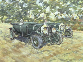 1929 vítězné Bentley v Le Mans (akryl na plátně)