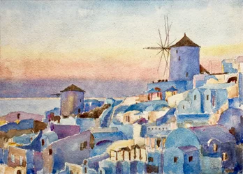 Santorini Oia - západ slunce, čas svícení, 2018 (akvarel)