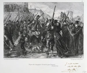 Prusko-francouzská válka 1870-1871: bitva u Buzenvalu (Mont Valérien) poblíž Versailles, 19. ledna 1871. Národní garda pochoduje do bitvy a k porážce. Ze série litografií Clémenta-Augusta Andrieuxe o národních gardách.