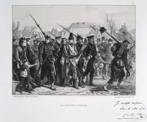 Prusko-francouzská válka 1870-1871: pruští váleční zajatci. Ze série litografií Clémenta-Augusta Andrieuxe o národních gardách.
