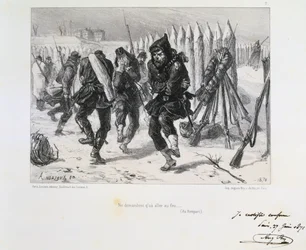 Prusko-francouzská válka 1870-1871. Obléhání Paříže 19. září 1870-28. ledna 1871. Vojáci na hradbách poskakují, aby se zahřáli. Ze série litografií Clémenta-Augusta Andrieuxe o národních gardách.
