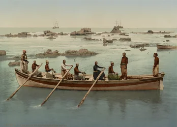 Boatmen, Jaffa, Izrael, kolem 1890-1906 (fotochromovaný tisk)