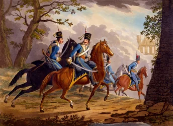 Rakouští husaři při pronásledování nepřítele, 1799 (ručně kolorovaná akvatinta)
