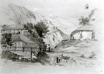 Bergerův dům, Valparaiso, 1834 (tužka a wc na papíře) (černobílá fotografie)
