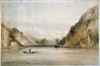 Hms Beagle na mořských cestách Ohňové země (akvarel)