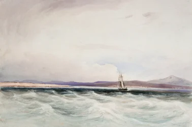 Průzkumná loď HMS "Beagle" vplouvá do Berkeley Sound na Falklandských ostrovech