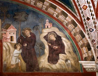 Mnich Romano předal zvyk mladému Benoitovi de Nursie v regionu Subiaco, odešel do jeskyně Fresco od mistra Consola (13. století) v Dolním kostele. Klášter Saint Benedetto (Sacro Speco), Subiaco (Řím), Itálie