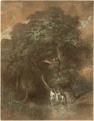 Koupající se u obrovského dubu, asi 1842-1844 (uhel na papíře)