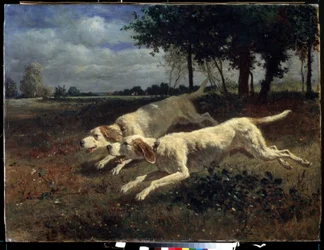 Pobíhající psi. Obraz Constant Troyon (1810-1865). Olej na plátně, 75 x 11 cm