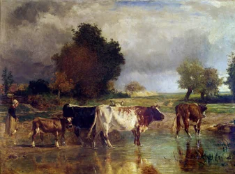 Kráva a tele u rybníka nebo u napajedla, obraz Constanta Troyona (1810-1865), 19. století, 0,78 x 1,03 m