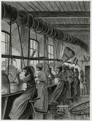 Dámská dílna ve skle Val Saint Lambert. Rytina od C. Meuniera k ilustraci příběhu „“ La Belgique“ od Camille Lemonnier (1844-1913), spisovatelky a kritičky umění.