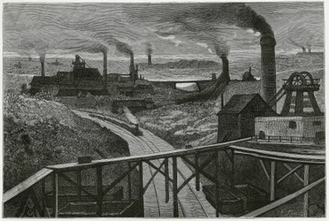 Těžba uhlí a terry (aspekty contree borainu). Rytina Constant Meunier pro ilustraci příběhu „Belgie“ od Camille Lemonnier (1844-1913), belgická spisovatelka. Publikováno v Le Tour du monde, nouveau journal des voyages, 2. semestr 1884, e