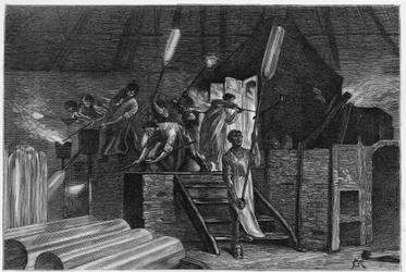 Uvnitř skla, v Lodelinsart (nebo Lodlinsat, ve městě Charleroi). Rytina Constant Meunier pro ilustraci příběhu „Belgie“ od Camille Lemonnier (1844-1913), belgická spisovatelka. Publikováno v Le Tour du monde, nouveau journal des voyages, 2