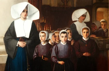 Malování. Signováno a datováno: Constant Meunier 1864. Sirotci. Olej na plátně. Detail.