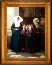Malování. Signováno a datováno: Constant Meunier 1864. Sirotci. Olej na plátně. Detail.