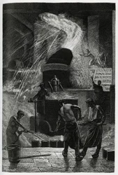 Odlévání oceli v závodech Cockerill v Seraingu. Rytina C. Meuniera k ilustraci příběhu „Belgie“ od Camilla Lemonniera (1844-1913), spisovatele a uměleckého kritika.