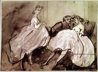 Dvě prostitutky a klient ve scéně svádění v nevěstinci. Kresba Constantina Guyse (1805-1892), Paříž 19. století, Musée Carnavalet