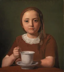 Portrét malé dívky, Elise Købkeové, s šálkem před sebou, 1850