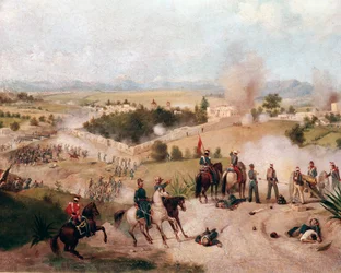 Americko-mexická válka: pohled na bitvu u Molino del Rey dne 8. 9. 1847 - (mexicko-americká válka, pohled na bitvu u Molino del Rey) Detailní malba od Constantina Escalante (1836-1868)