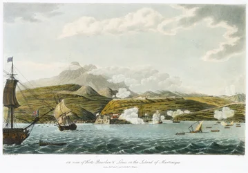 Jihozápadní pohled na Fort Bourbon a Fort Louis (Fort Saint Louis) na Martiniku, 5. února - 22. března.