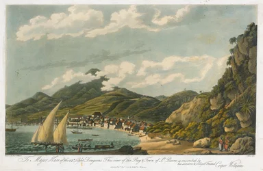 Pohled na záliv a město Saint Pierre (Martinik). Litografie (42,3x56 cm), autor: Cooper Willyams (1762-1816)
