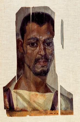 Portrét mužské mumie. 3. století, římské období (starověký Egypt) (30 př. n. l.-395 n. l.) Z oblasti Fajúm (Fajum). Slunce 0,41x0,14 m Paříž, musee du Louvre