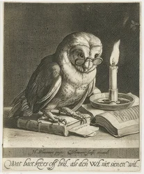 Sova s ​​brýlemi a knihami. Kolem roku 1625