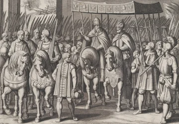 Deska 3: Karel V. korunovaný císařem vstupující do Říma s papežem, z triumfů Karla..., 1614.