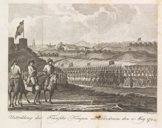Francouzská vojska opouštějící Landrecy, 1794 Extrakce francouzského Troupen z Landrecies den 11. května 1794 (název na předmětu)