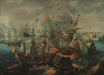 Bitva u Gibraltaru v roce 1607 Exploze španělské vlajkové lodi během bitvy o Gibraltar, 25. dubna 1607