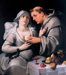 „Mnich a jeptiška“ (Mnich a jeptiška). Mnich hladí prso jeptišky - Obraz Cornelise Cornelisze van Haarlema (1562-1638)