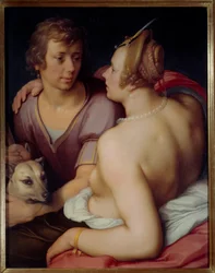 Obraz Venuše a Adonise od Cornelise Van Haarlema (1562-1638) Slunce 17. století. 0,95x0,74 m Caen, Muzeum výtvarných umění