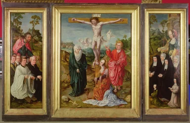 Triptych Ukřižování: Svatá Barbora s donátory (pravé křídlo); sv. Jakuba Většího s donátory (levé křídlo); Ukřižování (uprostřed)