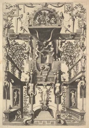 Fantastická architektonická struktura s popruhy a dvěma pergolami a malou scénou s Vu..., 1557.