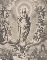 Panna ve slávě, stojící na oblacích a obklopená anděly držícími symboly ..., 1595-1633.