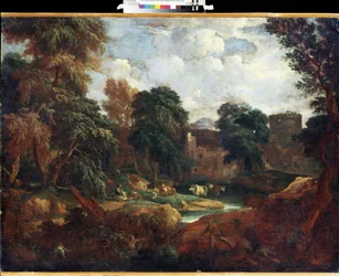 ""Údolí ve Flandrech v létě se stádem krav u řeky"" Obraz od Constantina Cornelise Huysmanse (1648-1727) Michail Kroshitsky Art Museum, Sevastopol (Sevastopol) Ukrajina