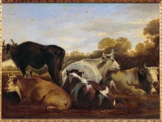 Krávy (malba na dubovém dřevě)