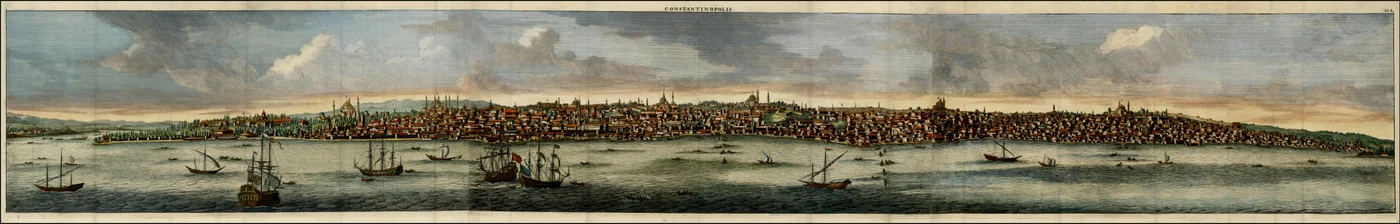 Kolorovaný pohled na Konstantinopol z roku 1698 od Cornelise De Bruyna